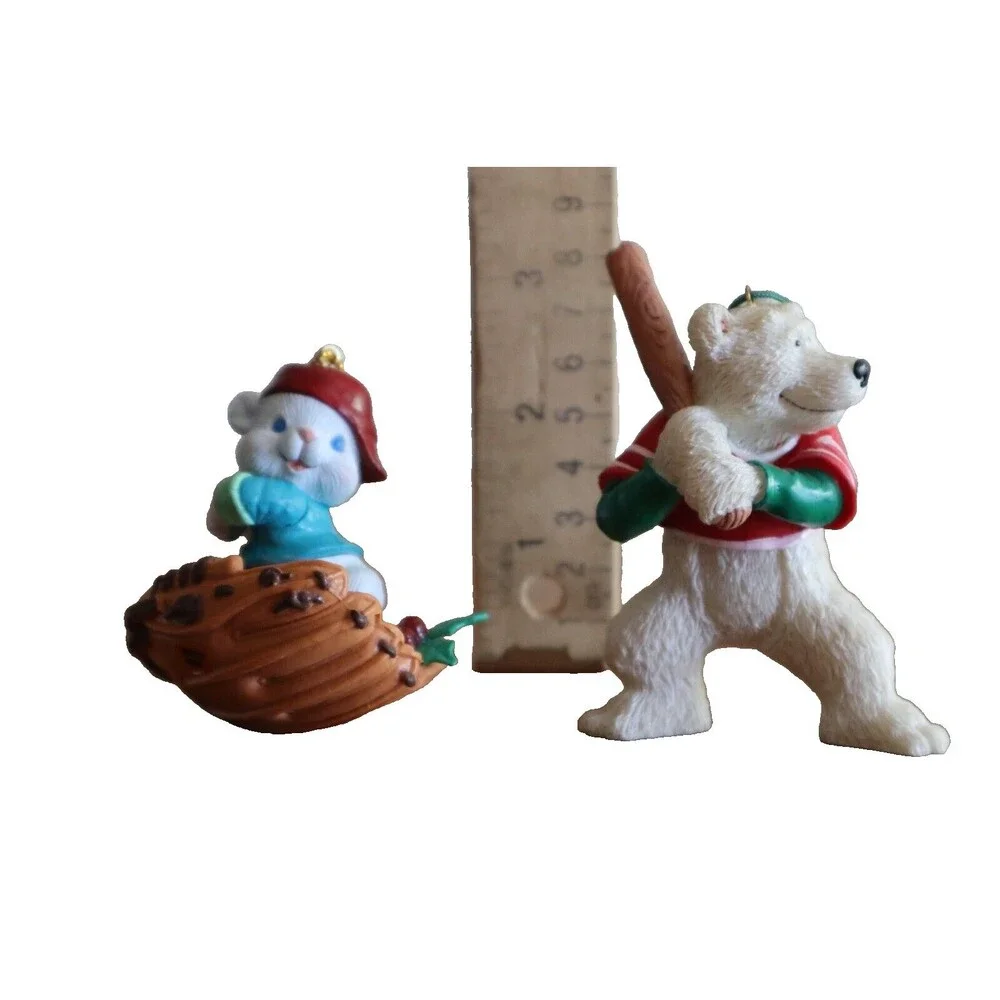 Lot 2x Baseball Bunny Rabbit Glove Bat Polar Bear Swinging Christmas Ornament